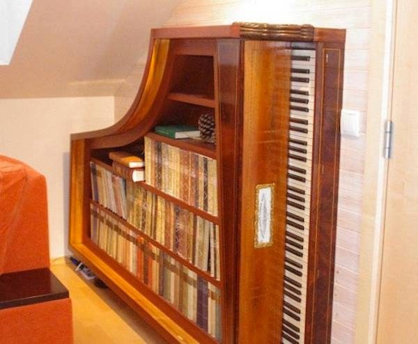Upright piano rebuilt as a bookcase